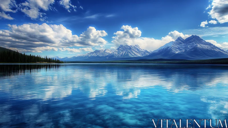 Cloud-kissed mountain lake where calm skies meet water.