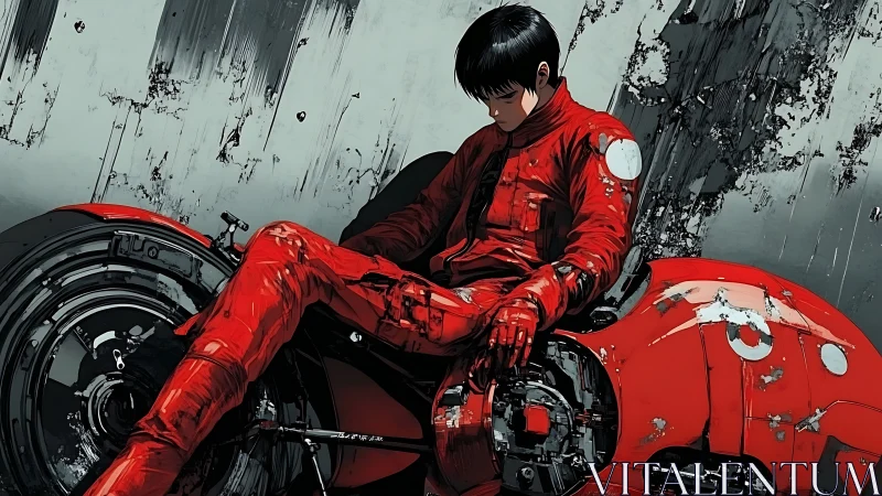 Cybernetic rider in red exosuit resting on degraded hoverbike.