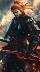 Armored samurai warrior in dynamic ember‑lit battlefield stance