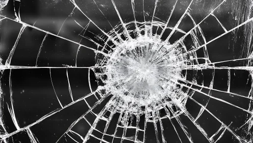 Radial fracture pattern in shattered glass, high-contrast study.