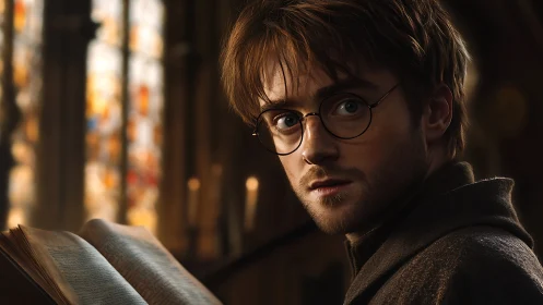 Spellbound scholar pausing mid-page in candlelit wonder.