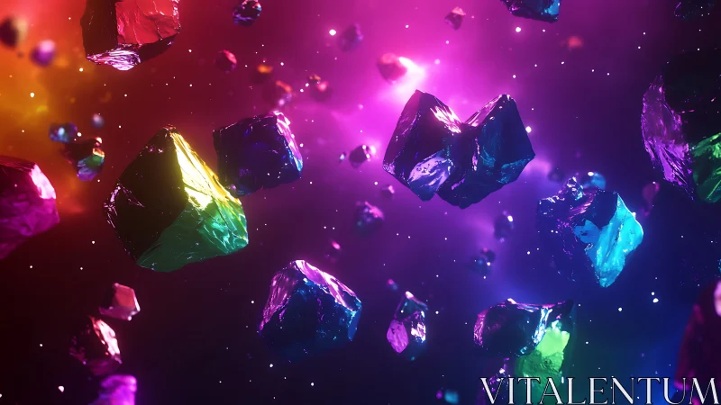 Floating iridescent crystal fragments in luminous void space.