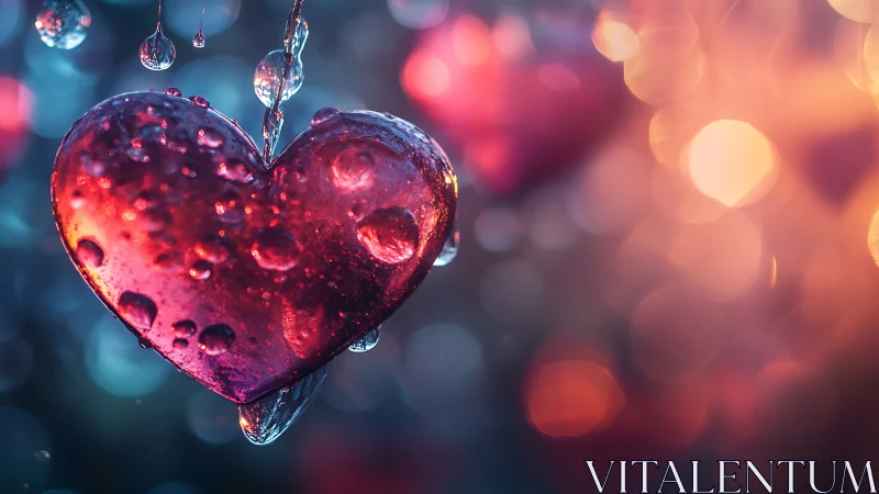 Luminous Ruby Heart Suspended in Fluid with Bokeh Light Refraction