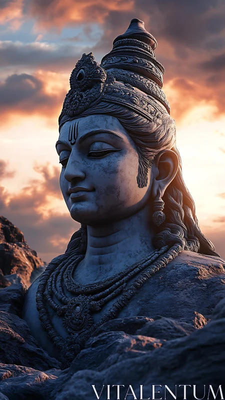 Monolithic Shiva stone bust under volumetric sunset sky lighting