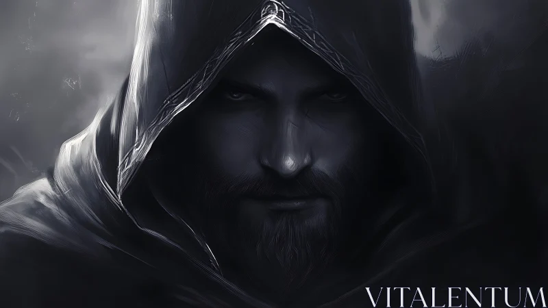 Hooded bearded man stares forward in dark monochrome portrait