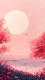 Crimson trees frame oversized sun above misty valley