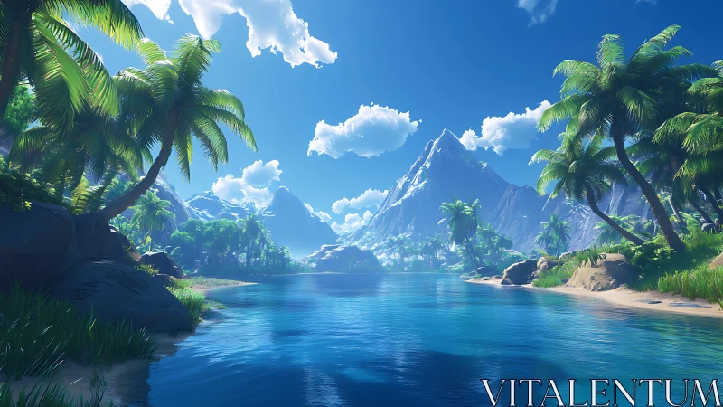 Alpine Lake Basin: Tropical Paradise 3D Landscape Render.