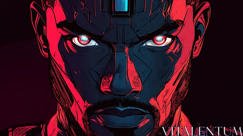 Cybernetic warrior portrait glows under red neon light