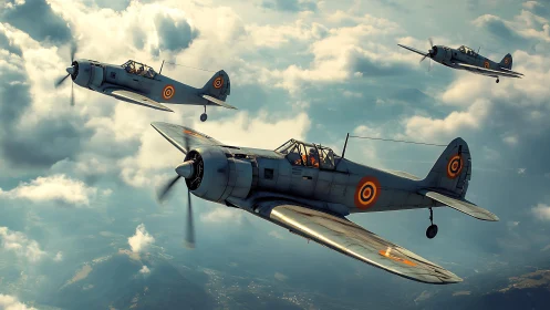 Three vintage military propeller aircraft fly in cloudy sky