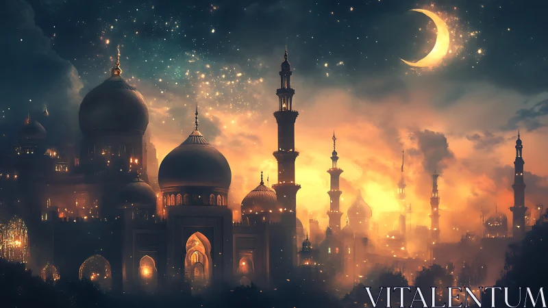 Enchanted moonlit city of golden domes and dreamy towers.