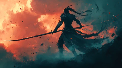 Silhouetted warrior with polearm against red luminous sky.