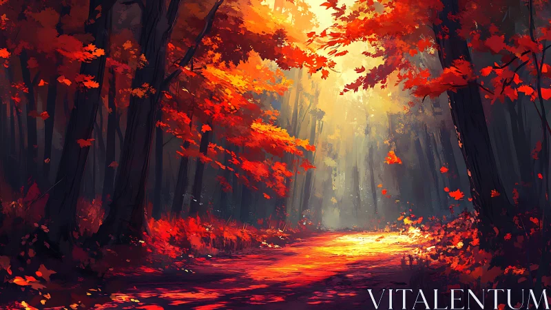 Enchanted Autumn Forest Ablaze with Crimson Foliage and Golden Light
