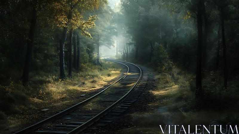 Curved railway line penetrates misty forest under directional backlight