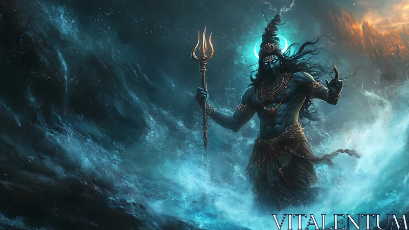 Blue-skinned deity figure stands in turbulent oceanic waves