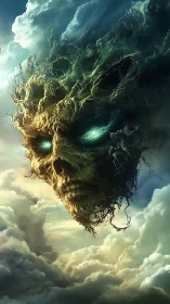 Stormborn forest spirit face emerges from swirling clouds