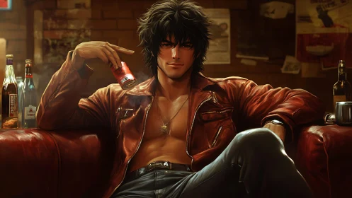 Relaxed rebel in red leather soaking up the neon night.