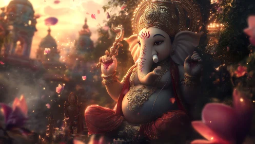 Digital painting of Ganesha in luminous temple garden setting.