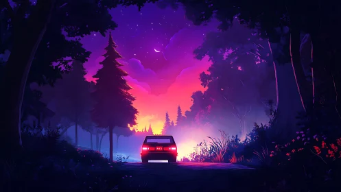 Retro car beneath neon-gradient twilight forest sky.