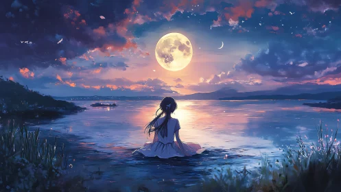 Girl in white dress gazes at a glowing full moon over lake