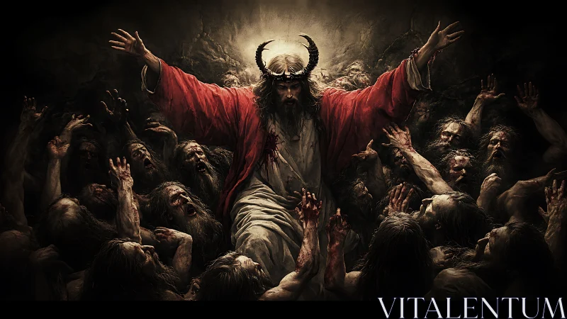 Horned messianic figure commanding tormented damned souls.