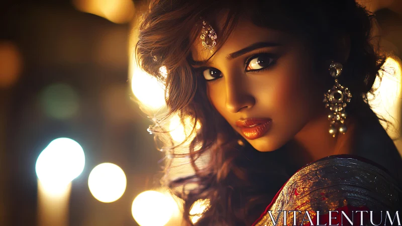Glamorous portrait in warm bokeh evening lights.