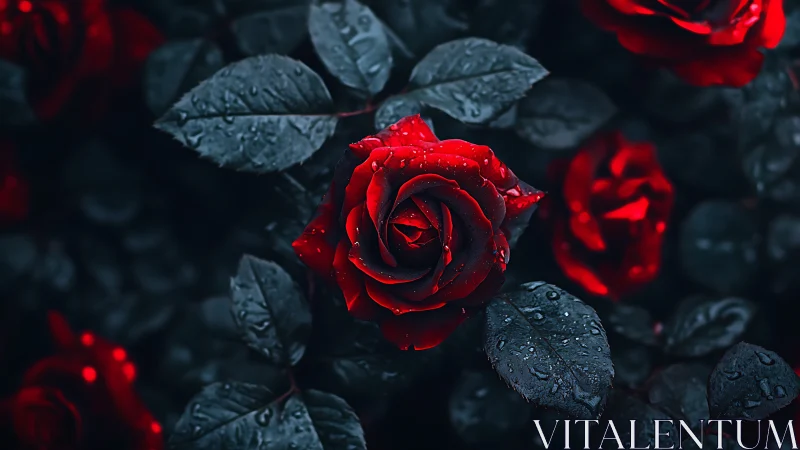 Red roses with water droplets against dark foliage background