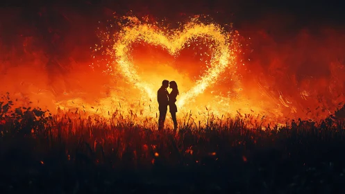 Silhouettes Ignite a Fiery Heart Against Burning Skies