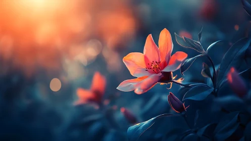 Digital painting of blooming flower with warm backlit tones