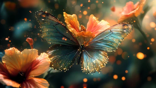Iridescent butterfly with volumetric bokeh over orange hibiscus blooms