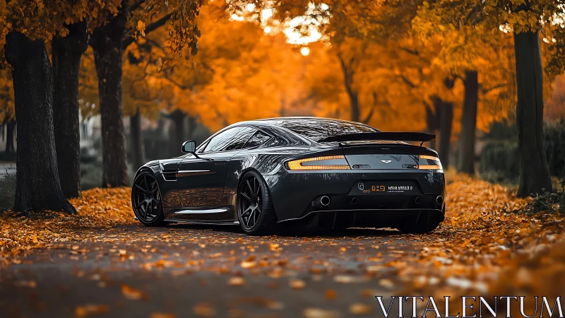 Sport coupe parked on autumn leaf-covered tree-lined road.