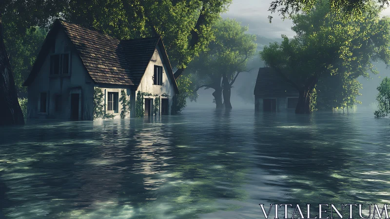 Quiet riverside cottages drifting in soft blue floodlight.