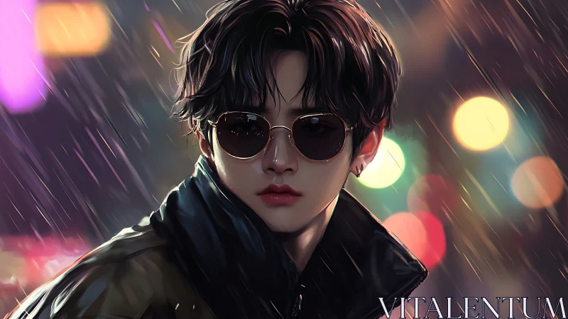 Stylish youth in neon rain exudes cool urban mystery.