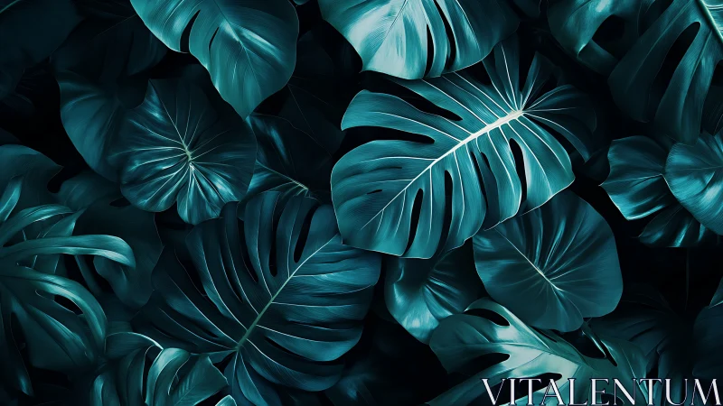 Dark teal tropical monstera foliage in dense layout.