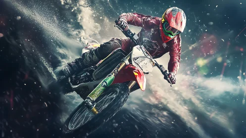 Motocross rider carving dynamic turn through storm spray.