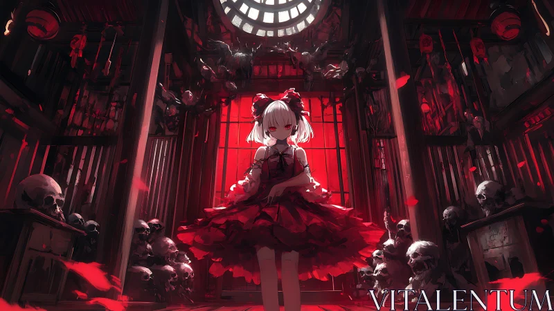 Crimson doll queen stands amid skullbound crimson cathedral.