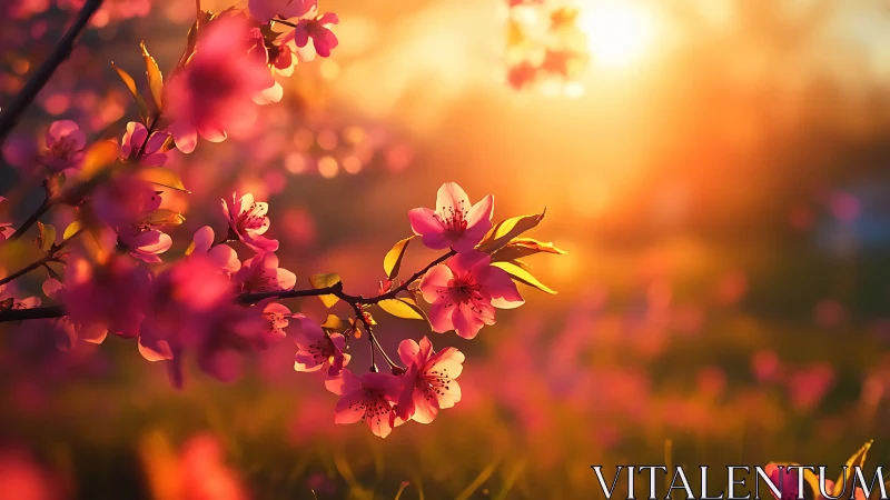 Pink flowers backlit by warm golden sunlight in natural setting