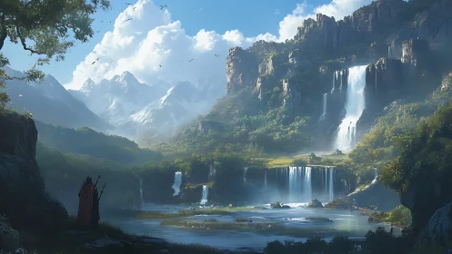 Rugged fantasy valley with layered waterfalls and peaks.