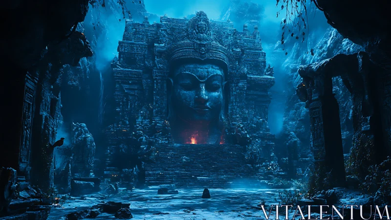 Moonlit stone guardian breathes firelight into a drowned temple