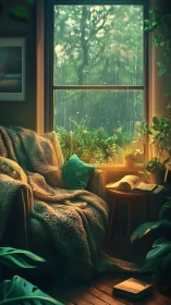 Digital painting of cozy reading nook by rainlit window interior.