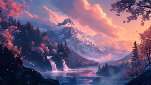 Mountain river landscape with waterfalls at sunset light.