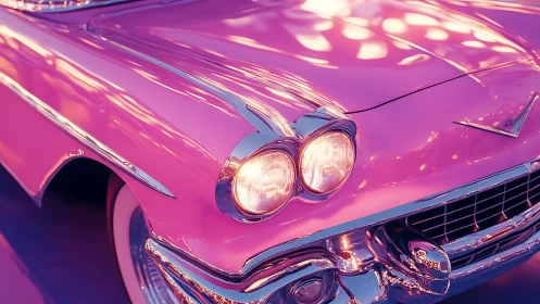 Chromatic close-up of neon-lit vintage coupe front fascia.
