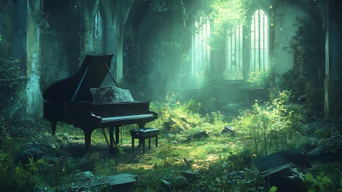 Grand piano in overgrown cathedral ruins under volumetric light