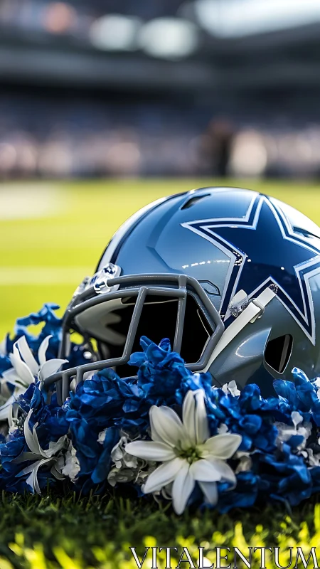Silver football helmet with star logo resting in flowers.