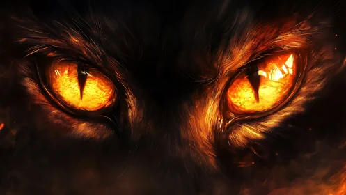 Fiery feline eyes with molten orange glow in darkness.
