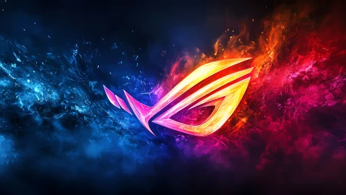 Neon emblem ignites across dual-tone energy clouds.