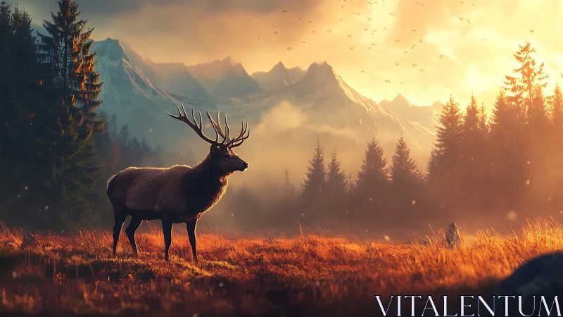 Stag stands in warm sunset light before distant snowy peaks