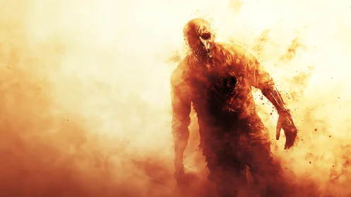 Burning humanoid silhouette advances through incandescent haze
