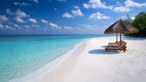 Tropical beach with white sand, turquoise water, thatched umbrella.