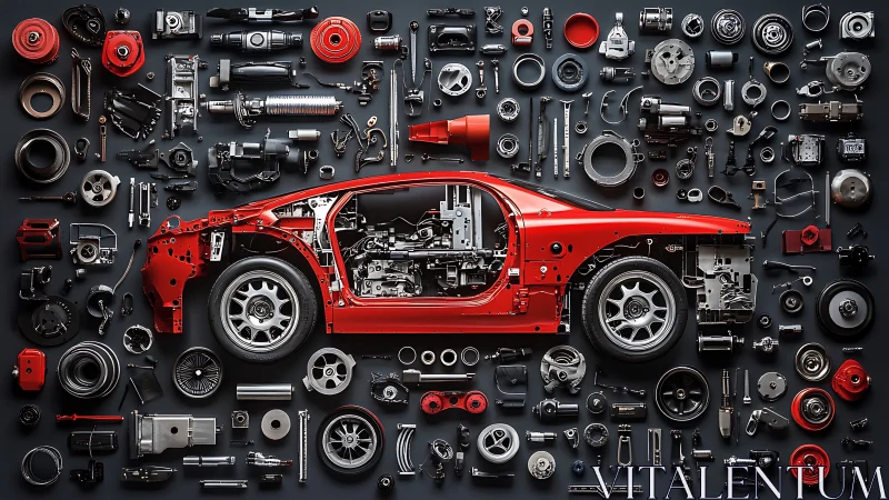 Red sports car exploded into a playful grid of parts.