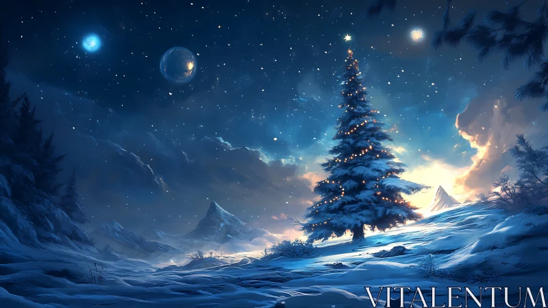 Starlit winter fir with celestial bodies over snowy ridges